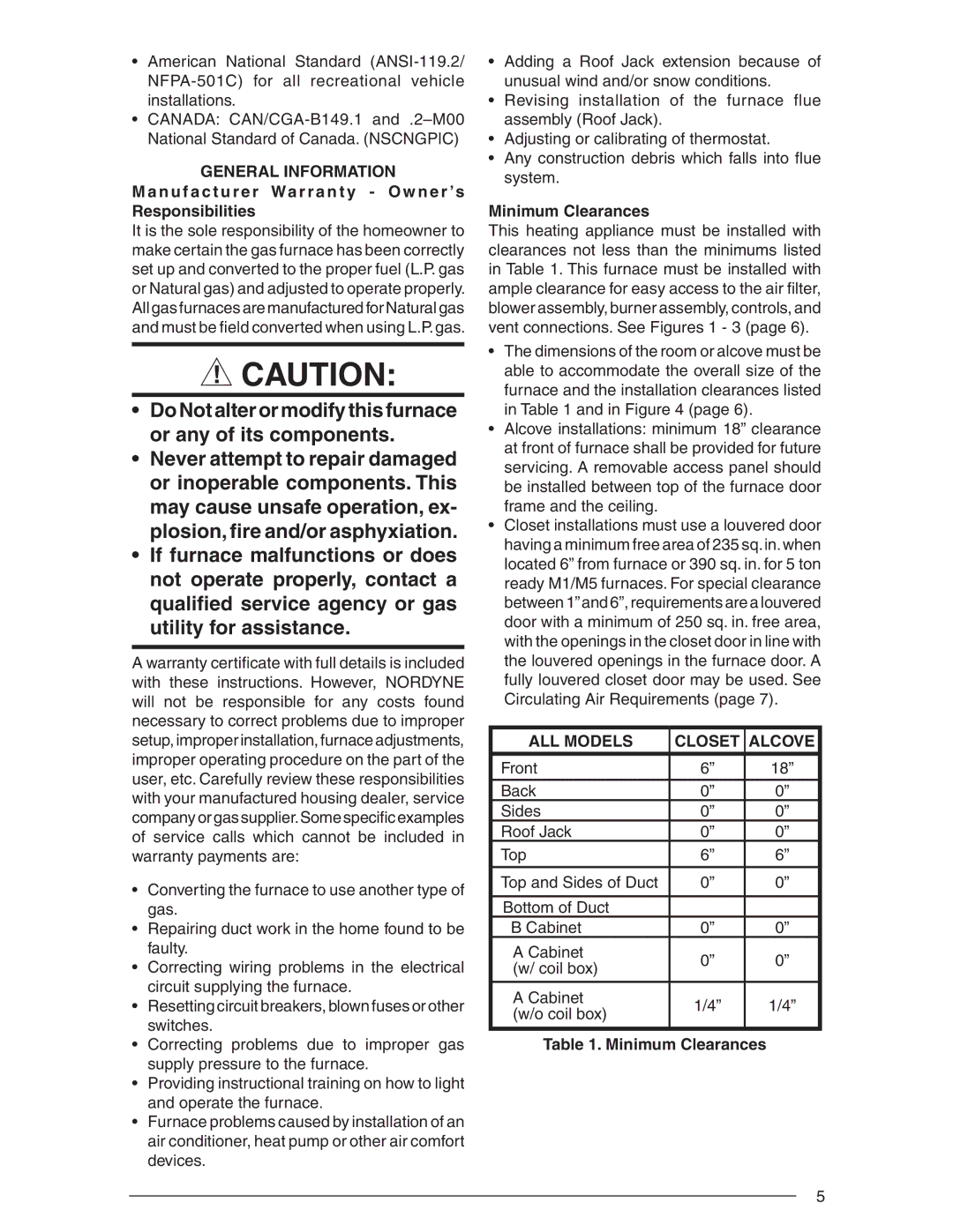 Nordyne AND M5S, SERIES M1B installation instructions General Information, Minimum Clearances, ALL Models Closet Alcove 