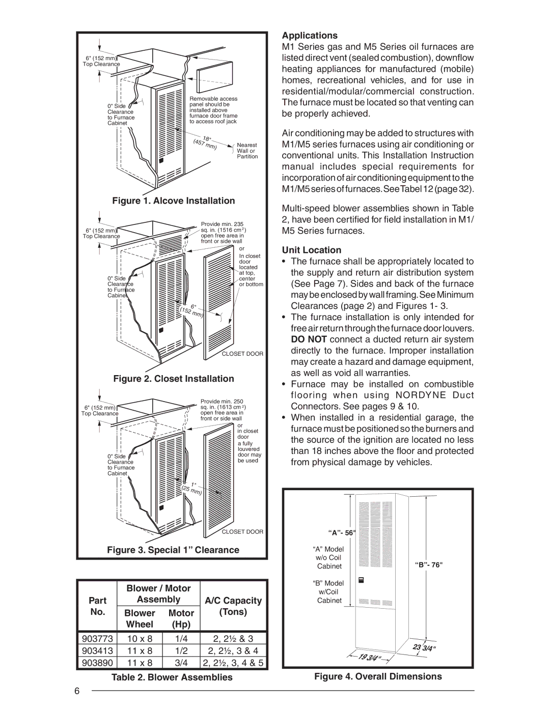 Nordyne SERIES M1B, AND M5S Applications, Unit Location, Assembly, Tons, Wheel, 10 x, 11 x, Blower Assemblies 