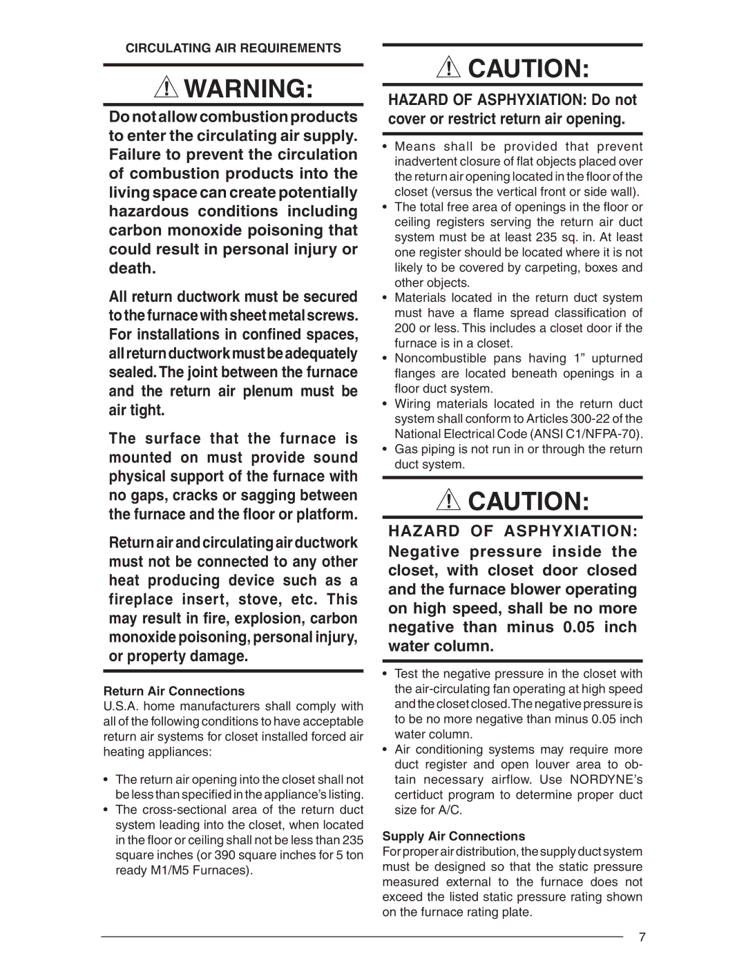 Nordyne AND M5S, SERIES M1B Circulating AIR Requirements, Return Air Connections, Supply Air Connections 