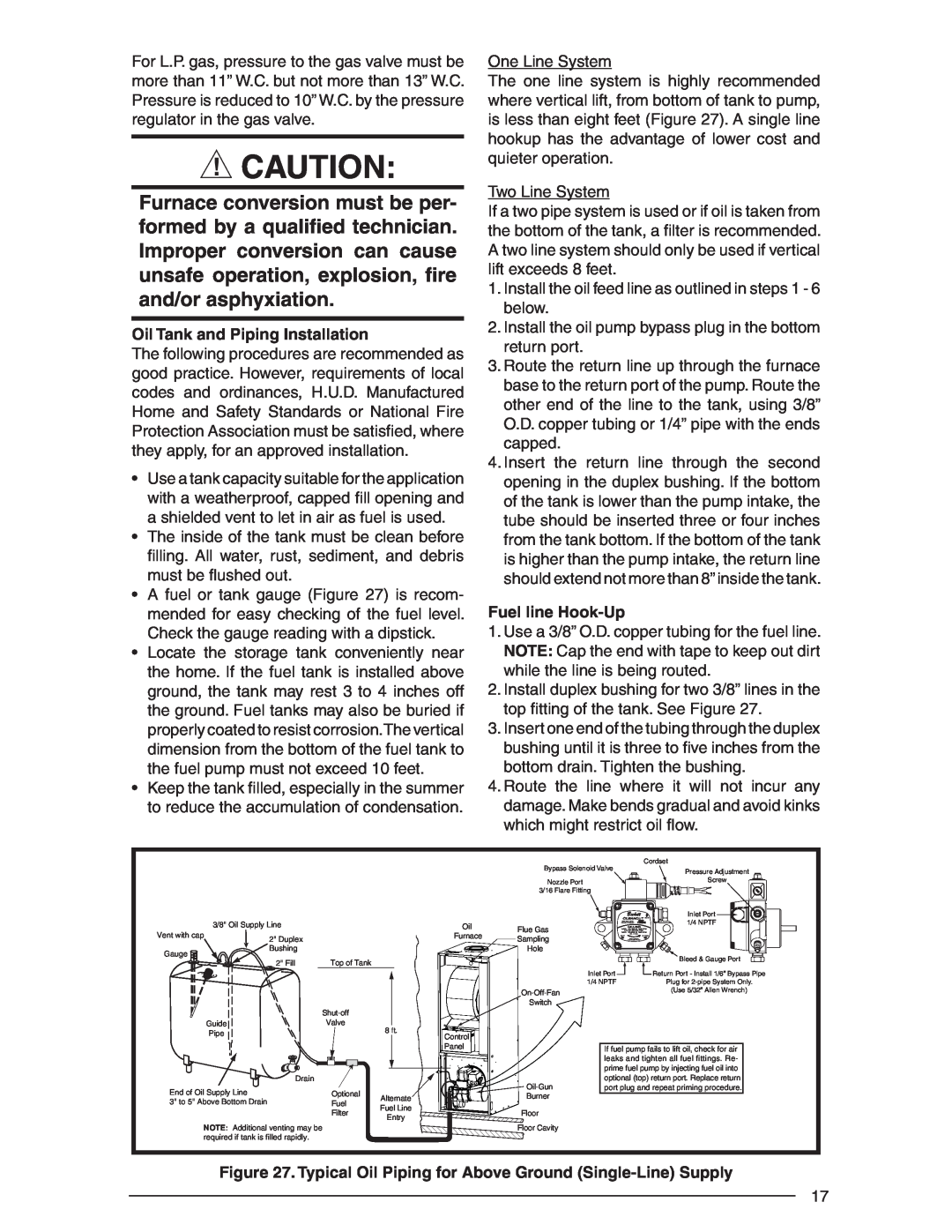 Nordyne AND M5S, SERIES M1B installation instructions Oil Tank and Piping Installation, Fuel line Hook-Up 
