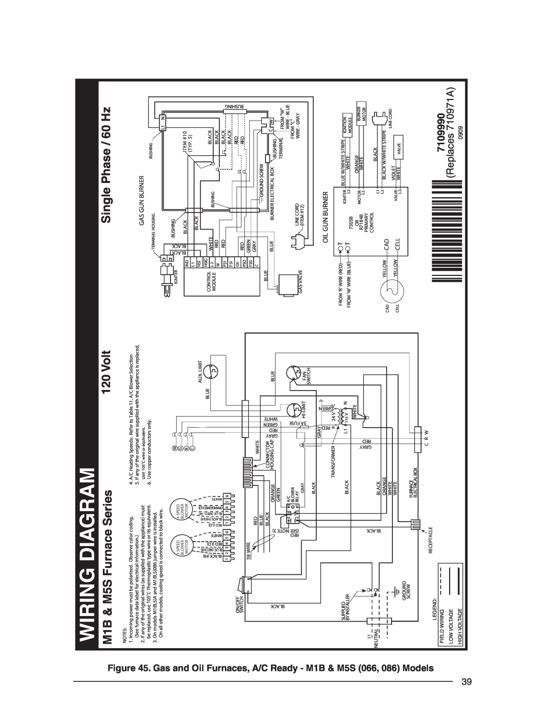 Nordyne AND M5S M1B & M5S Furnace Series, Single Phase / 60 Hz, Volt, Wiring Diagram, 7109990, Gas, Models, Oil Gun Burner 
