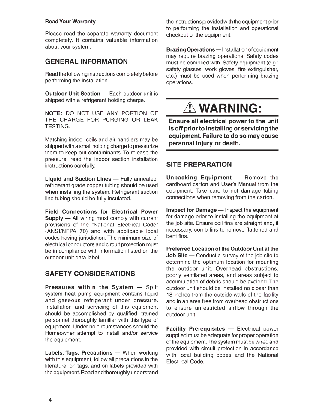 Nordyne T3BN installation instructions General Information, Safety Considerations, Site Preparation, Read Your Warranty 