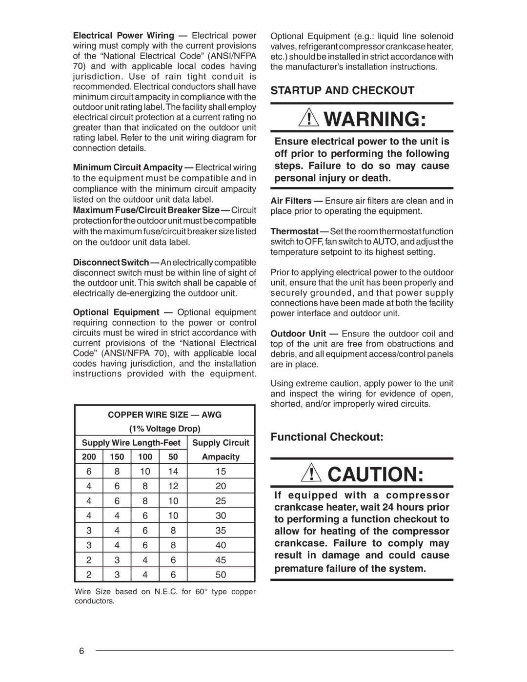 Nordyne T3BN installation instructions Startup and Checkout, Copper Wire Size AWG 