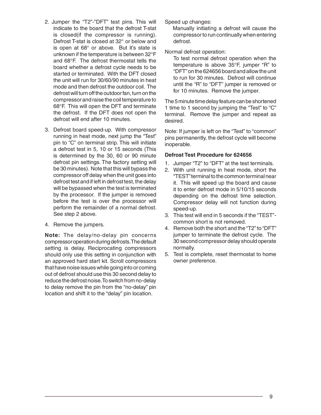 Nordyne T3BN installation instructions Defrost Test Procedure for 