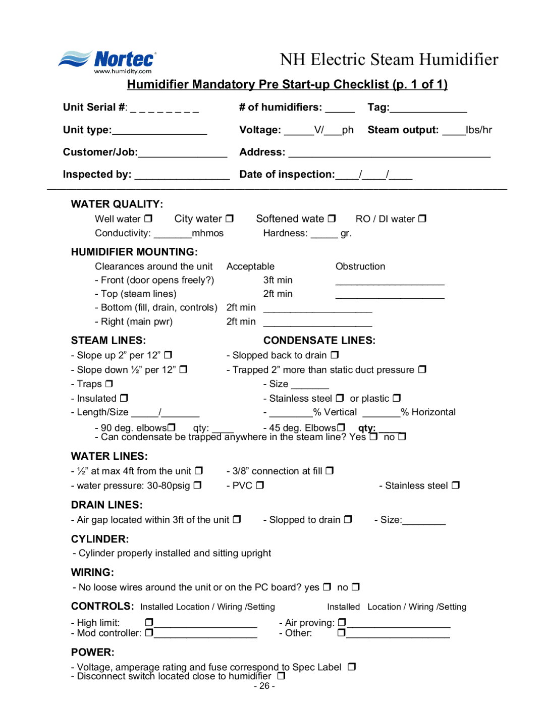 Nortec 132-3091 Water Quality, Humidifier Mounting, Steam Lines Condensate Lines, Water Lines, Drain Lines, Wiring, Power 
