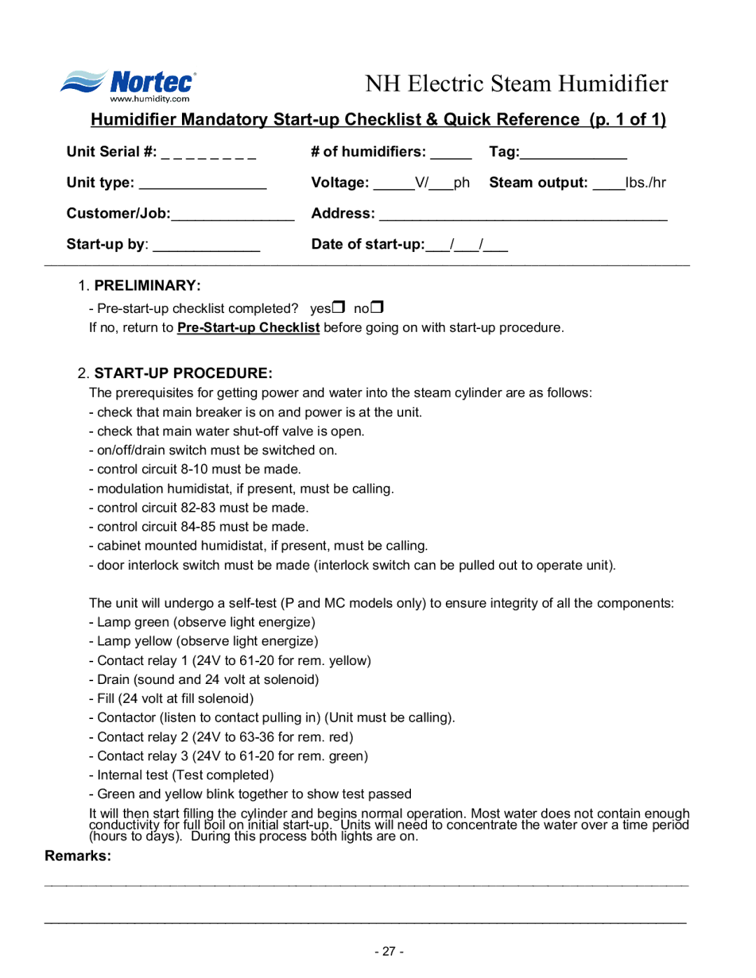 Nortec 132-3091 manual Preliminary, START-UP Procedure 