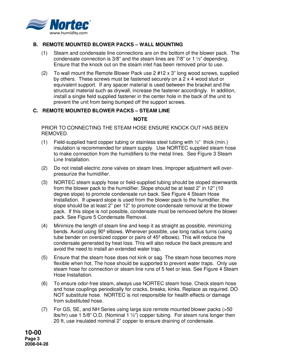 Nortec 380V installation manual Remote Mounted Blower Packs Wall Mounting, Remote Mounted Blower Packs Steam Line 