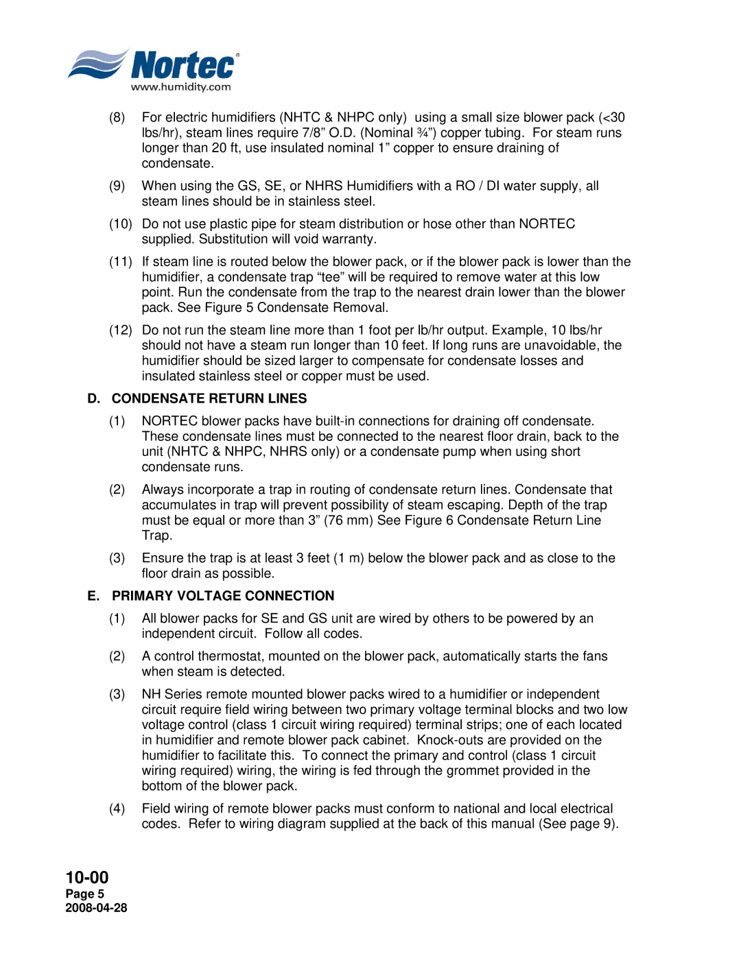 Nortec 380V installation manual Condensate Return Lines, Primary Voltage Connection 