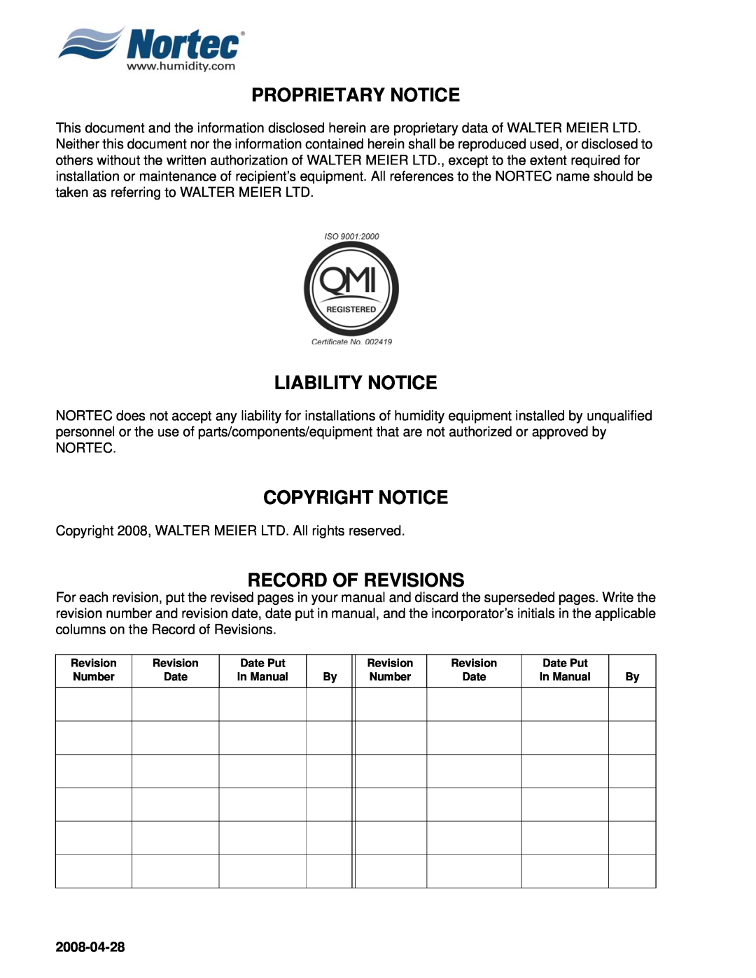 Nortec 380V installation manual Proprietary Notice, Liability Notice, Copyright Notice, Record Of Revisions, 2008-04-28 