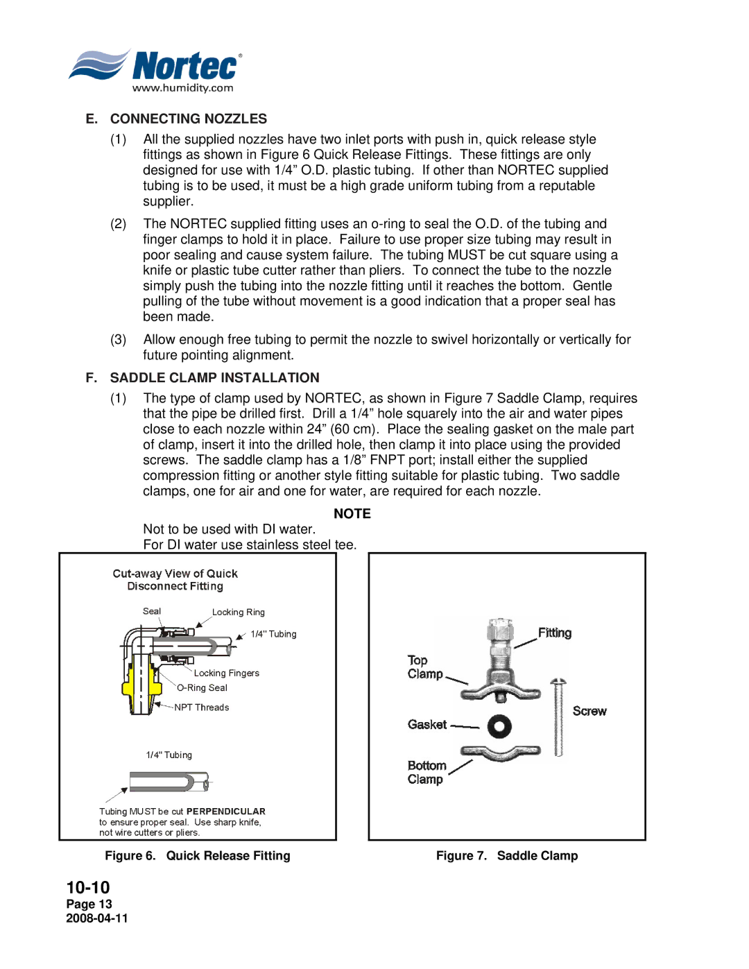 Nortec Industries Airfog Series installation manual Connecting Nozzles, Saddle Clamp Installation 