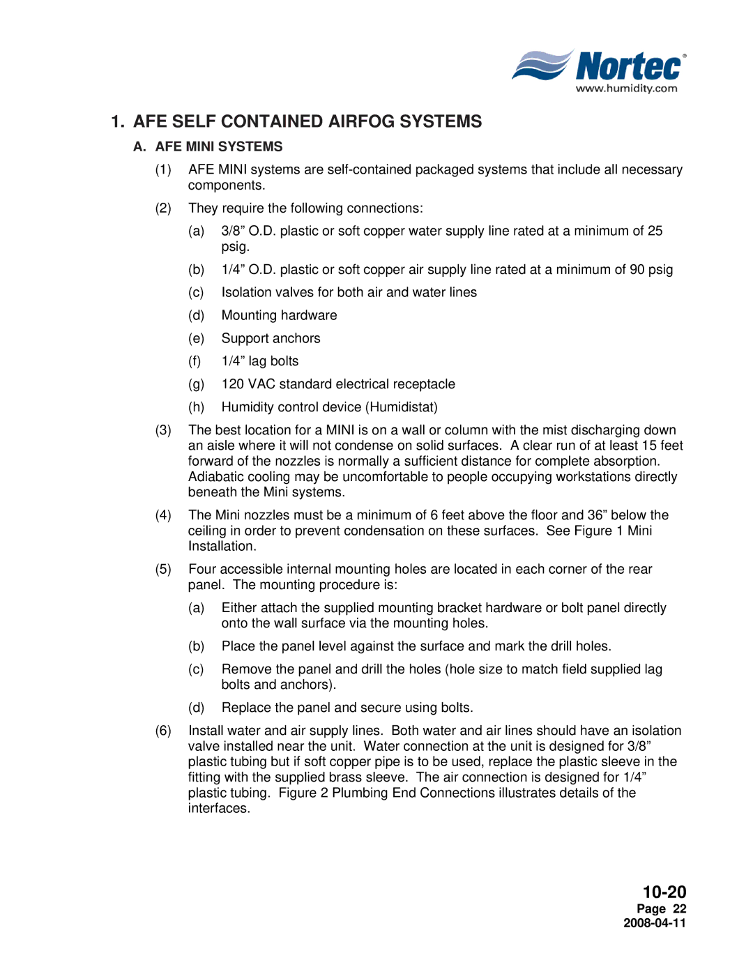 Nortec Industries Airfog Series installation manual AFE Self Contained Airfog Systems, AFE Mini Systems 