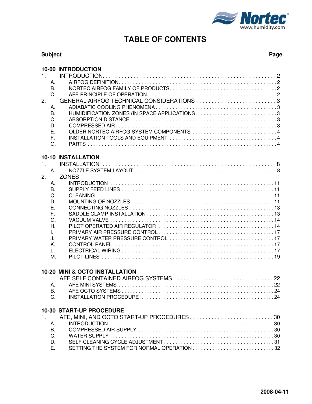 Nortec Industries Airfog Series installation manual Table of Contents 