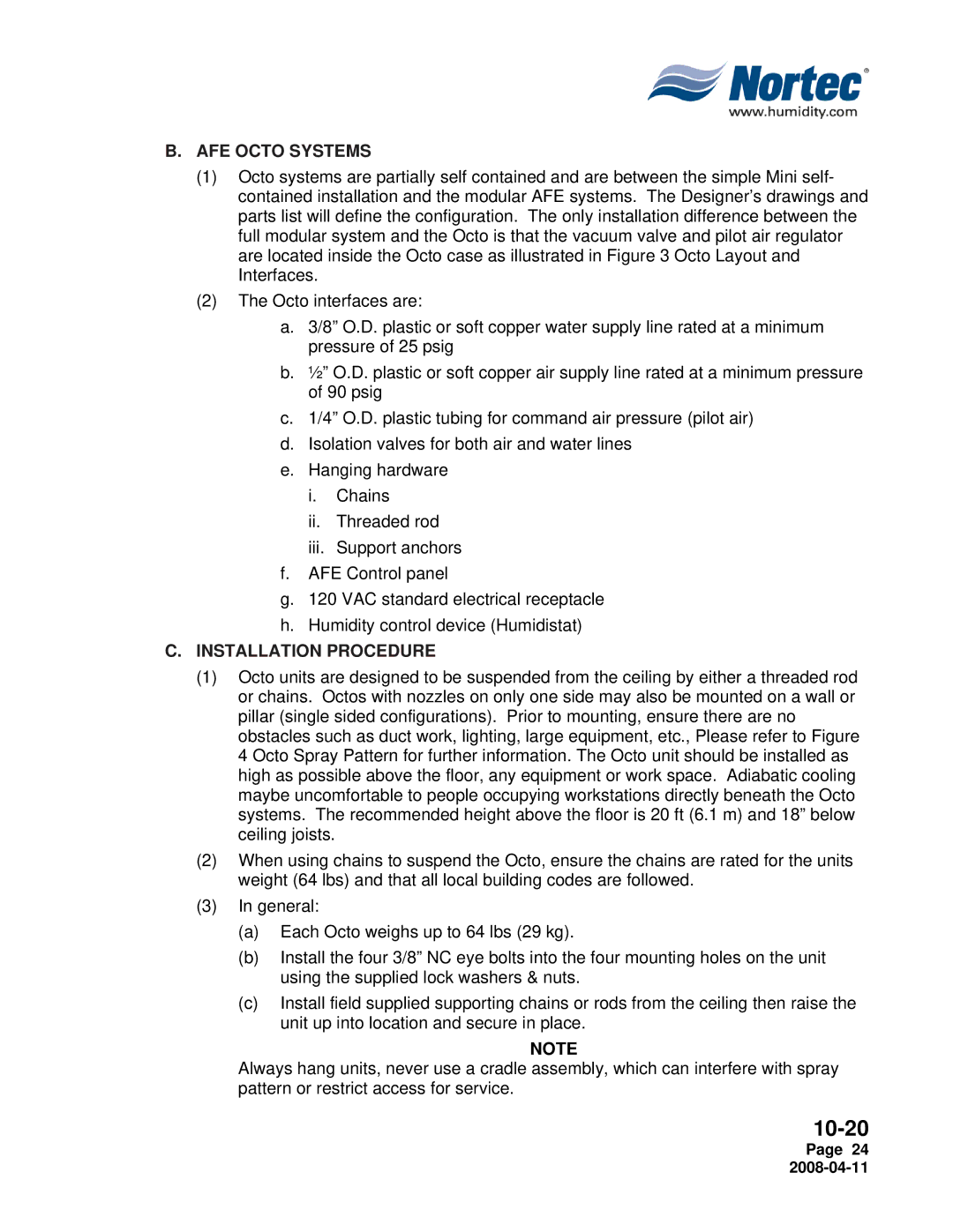 Nortec Industries Airfog Series installation manual AFE Octo Systems, Installation Procedure 