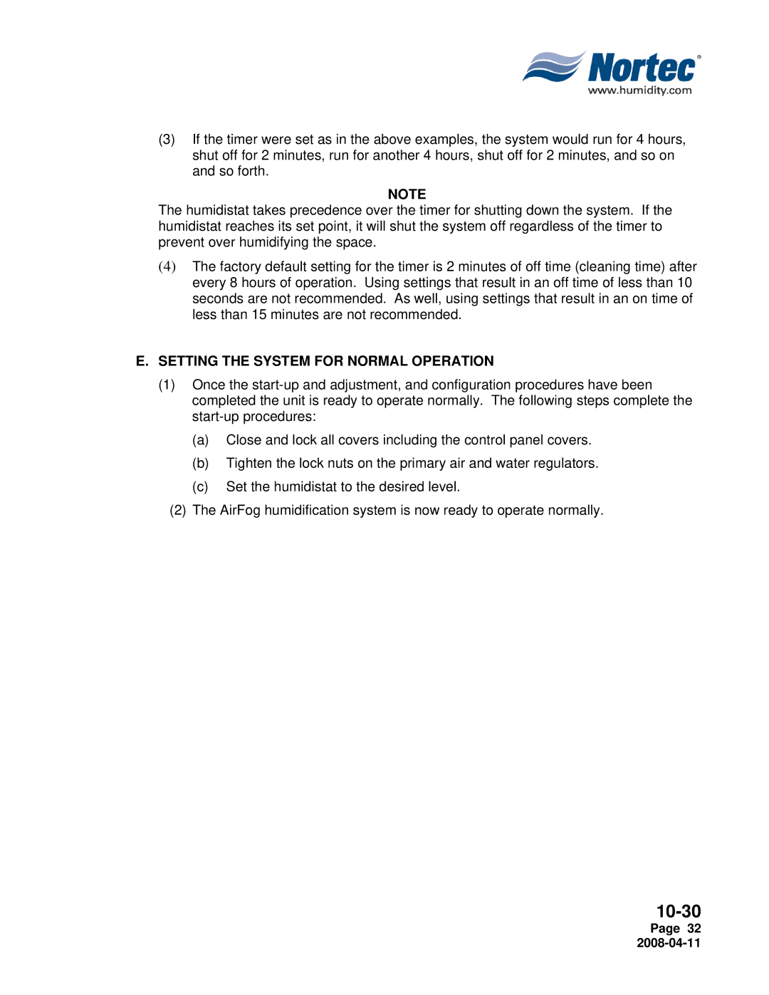 Nortec Industries Airfog Series installation manual Setting the System for Normal Operation 