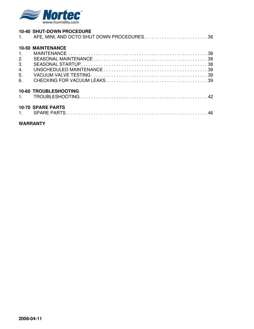 Nortec Industries Airfog Series installation manual SHUT-DOWN Procedure 