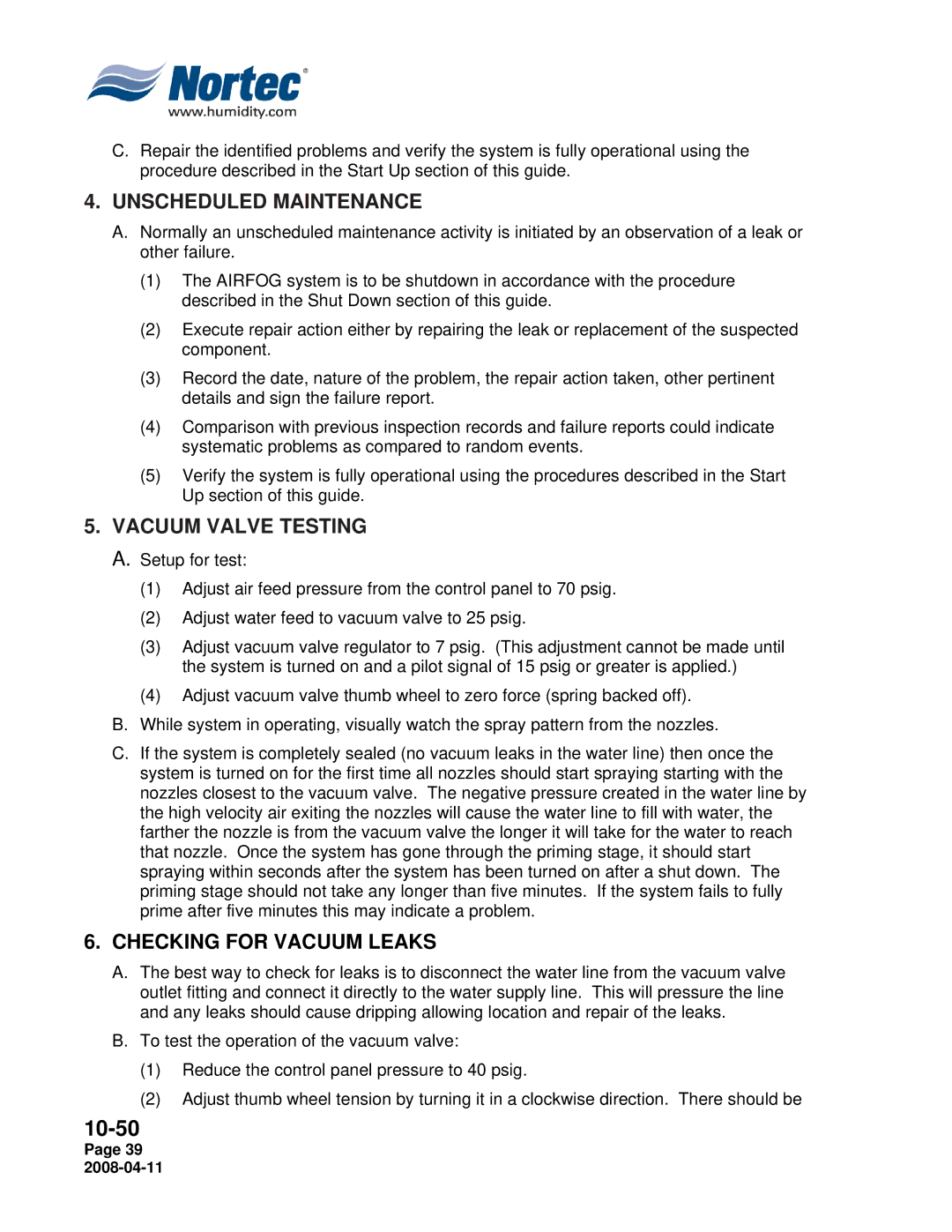 Nortec Industries Airfog Series installation manual Unscheduled Maintenance 