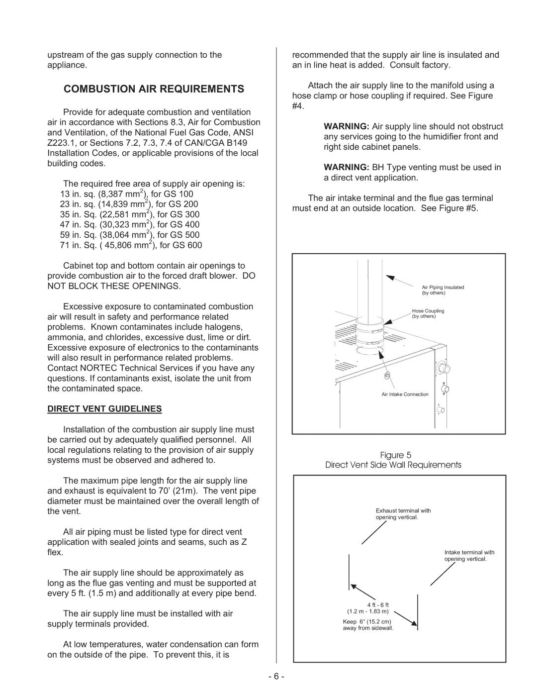 Nortec Industries GS Series manual Combustion AIR Requirements, Direct Vent Guidelines 