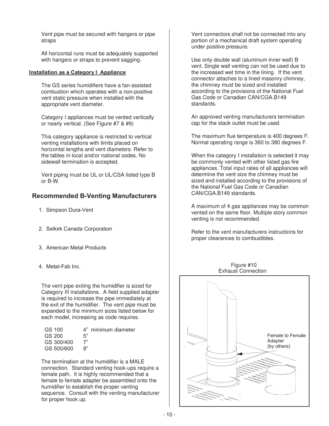 Nortec Industries GS Series manual Recommended B-Venting Manufacturers, Installation as a Category I Appliance 