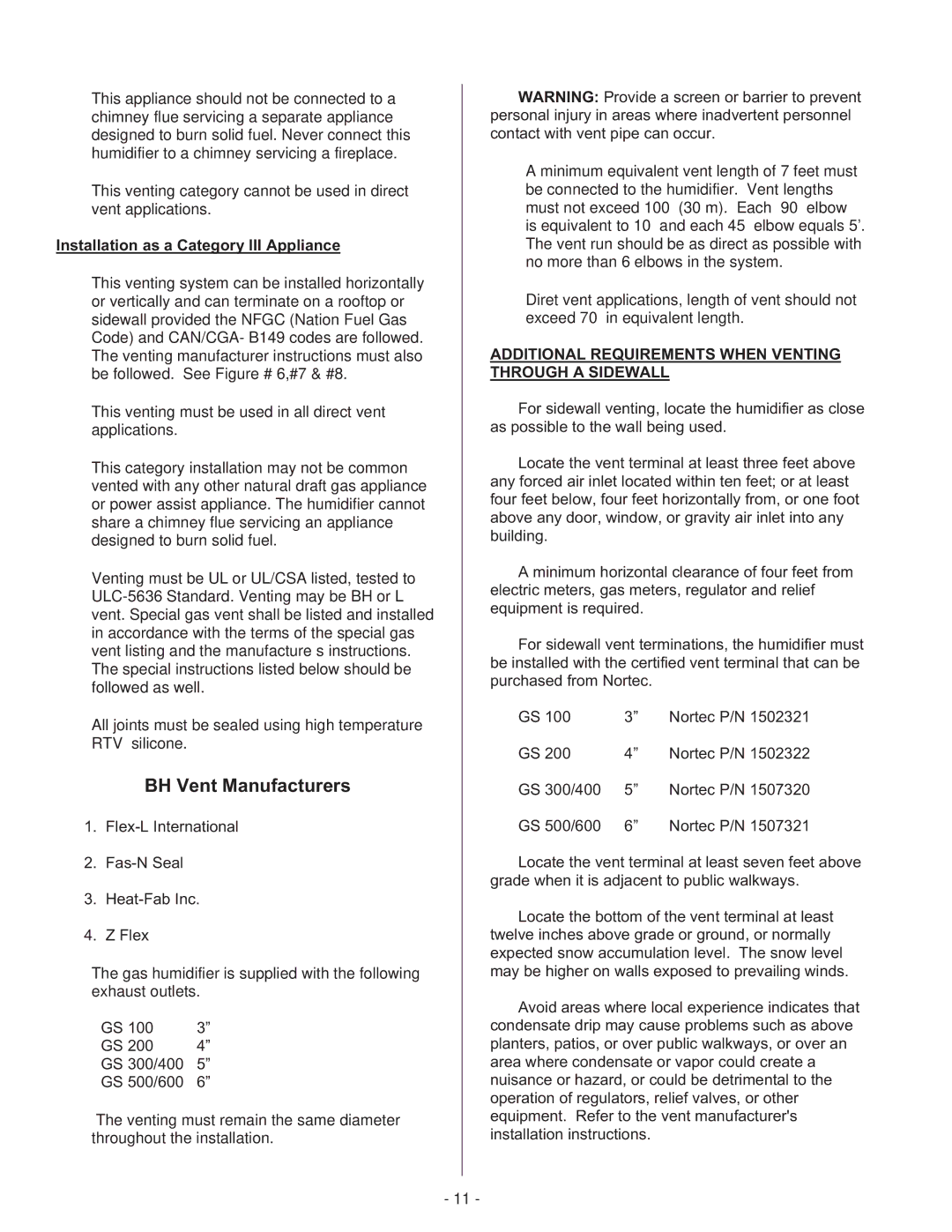 Nortec Industries GS Series manual BH Vent Manufacturers, Installation as a Category III Appliance 