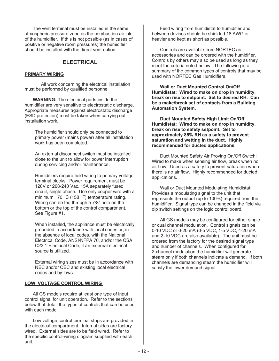 Nortec Industries GS Series manual Electrical, Primary Wiring, LOW Voltage Control Wiring 