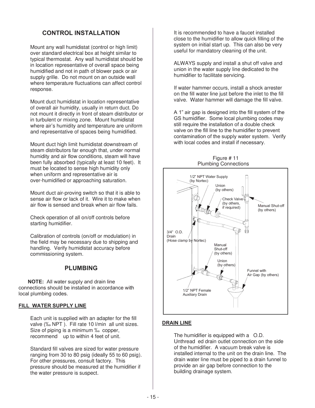 Nortec Industries GS Series manual Control Installation, Plumbing, Fill Water Supply Line, Drain Line 