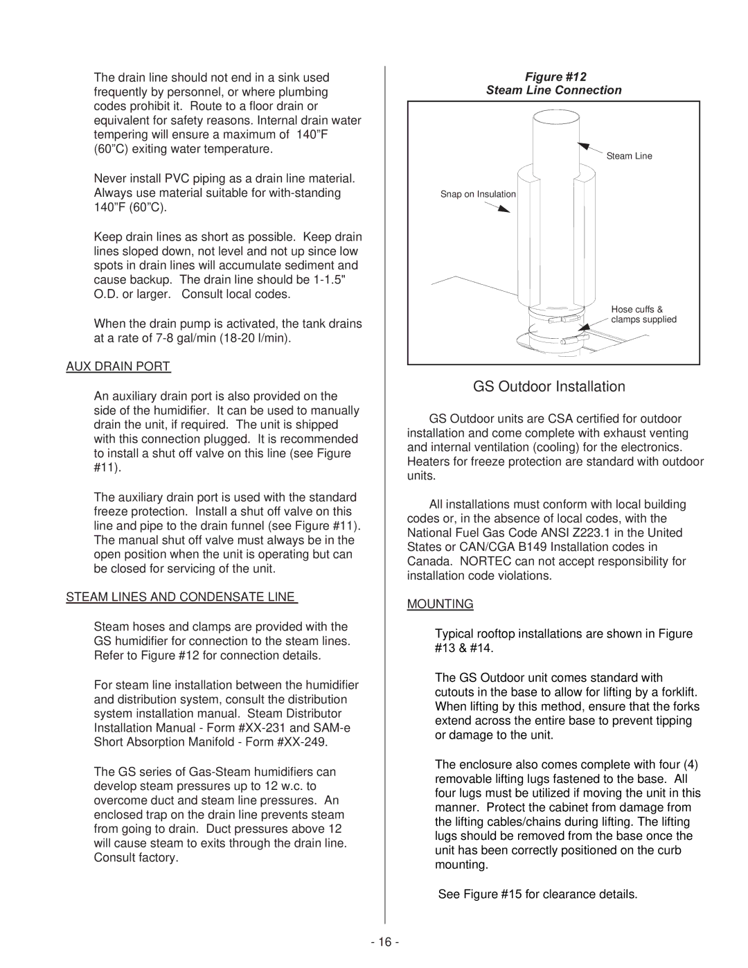 Nortec Industries GS Series manual GS Outdoor Installation, AUX Drain Port, Steam Lines and Condensate Line, Mounting 