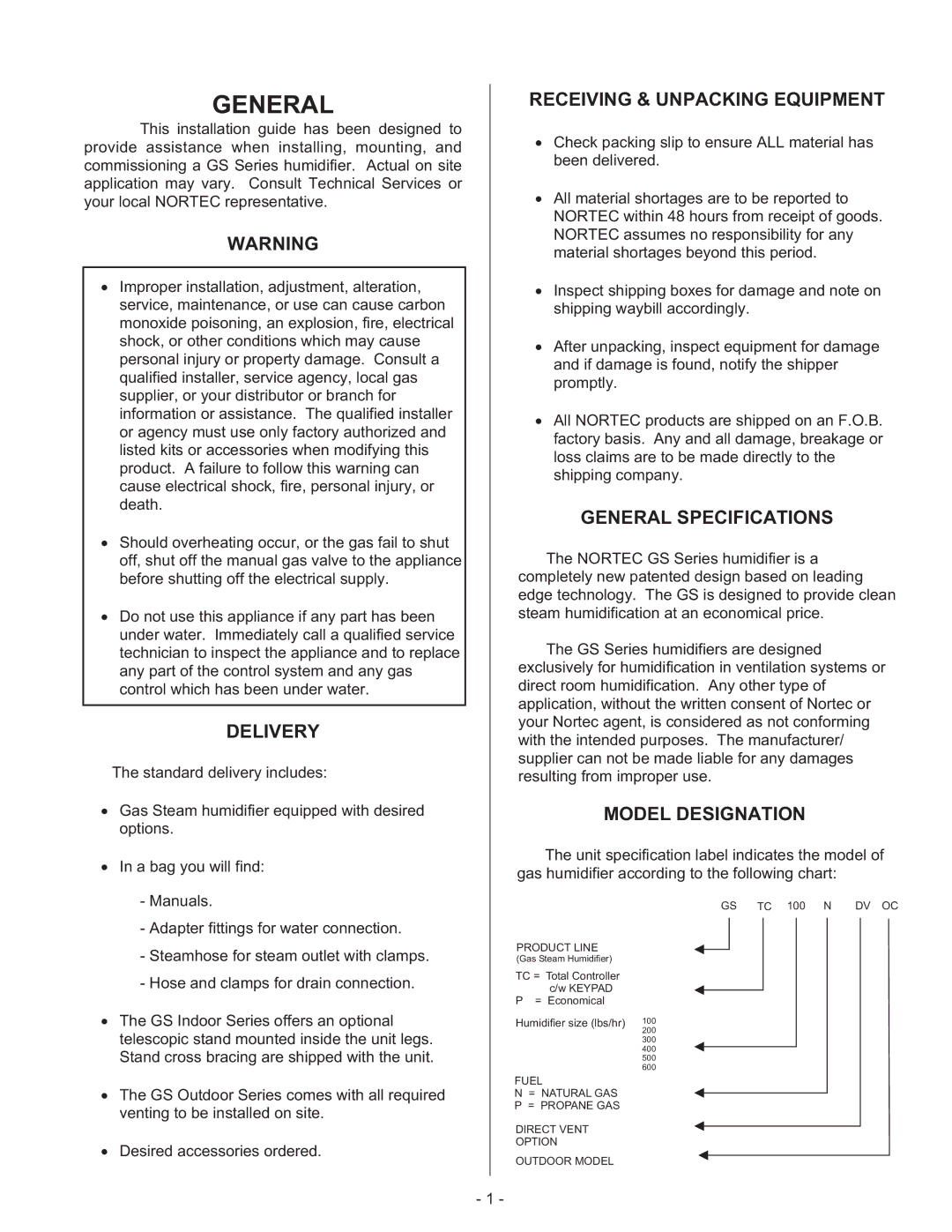 Nortec Industries GS Series manual Delivery, Receiving & Unpacking Equipment, General Specifications, Model Designation 