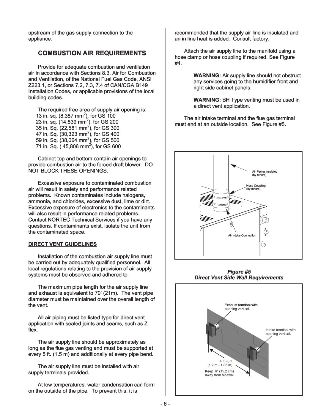 Nortec Industries GS Series manual Combustion Air Requirements, Figure #5 Direct Vent Side Wall Requirements 