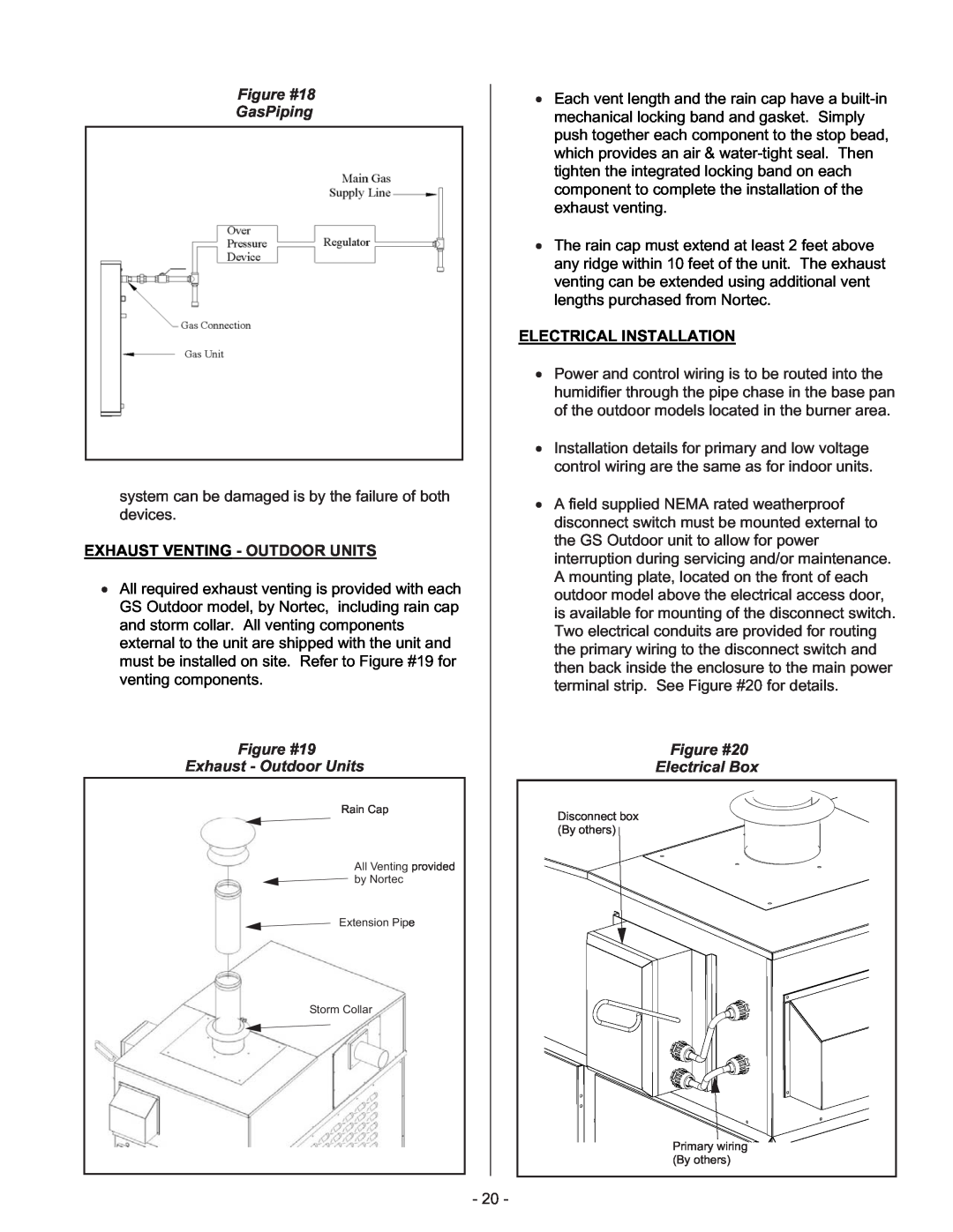 Nortec Industries GS Series manual Figure #18 GasPiping, Exhaust Venting- Outdoor Units, Figure #19 Exhaust - Outdoor Units 