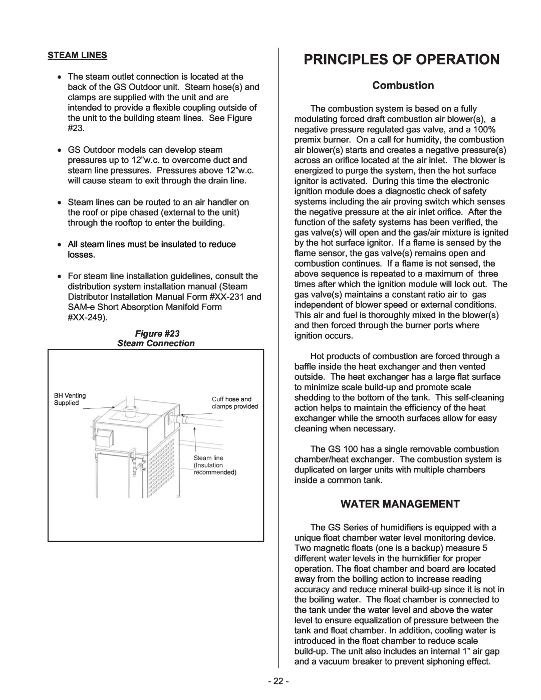 Nortec Industries GS Series manual Principles Of Operation, Combustion, Water Management, Figure #23 Steam Connection 