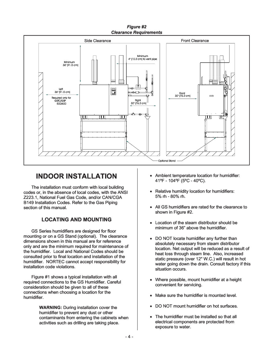 Nortec Industries GS Series manual Indoor Installation, Locating And Mounting, Figure #2 Clearance Requirements 