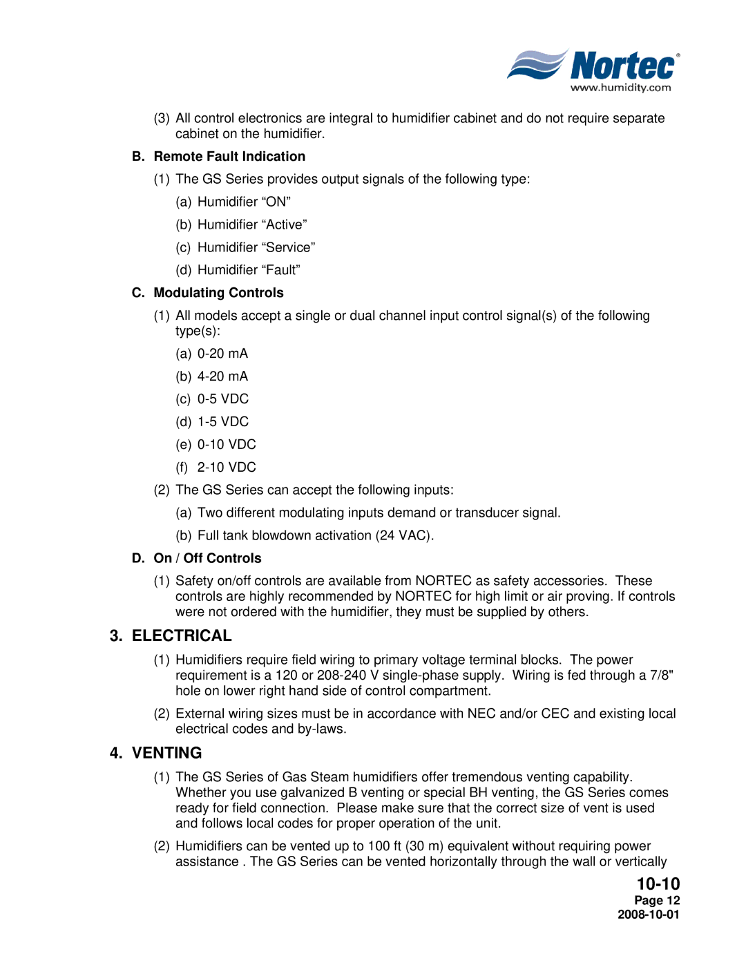 Nortec Industries GSTC Indoor manual Electrical, Venting, Remote Fault Indication, Modulating Controls, On / Off Controls 
