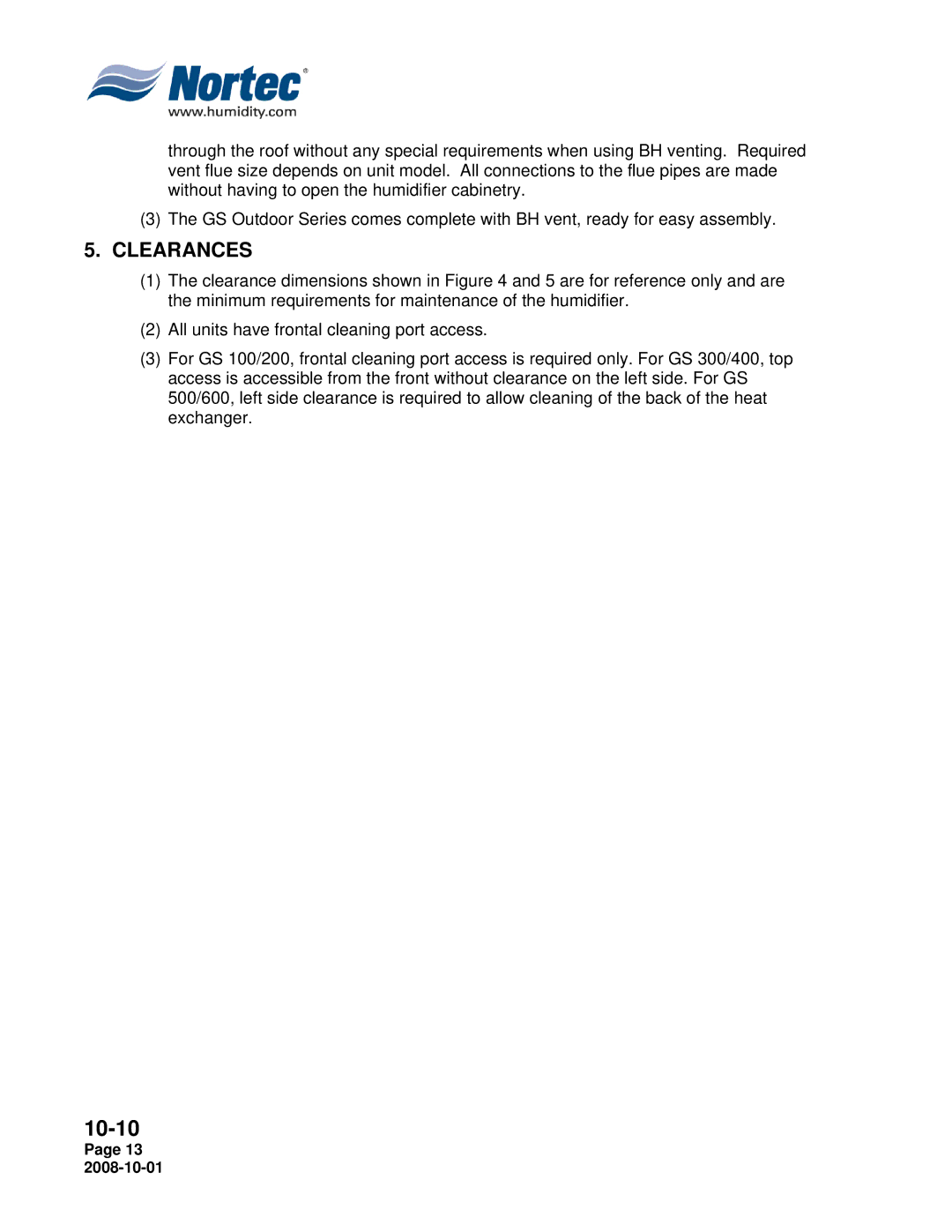 Nortec Industries GSP Indoor, GSTC Outdoor, GSTC Indoor manual Clearances 