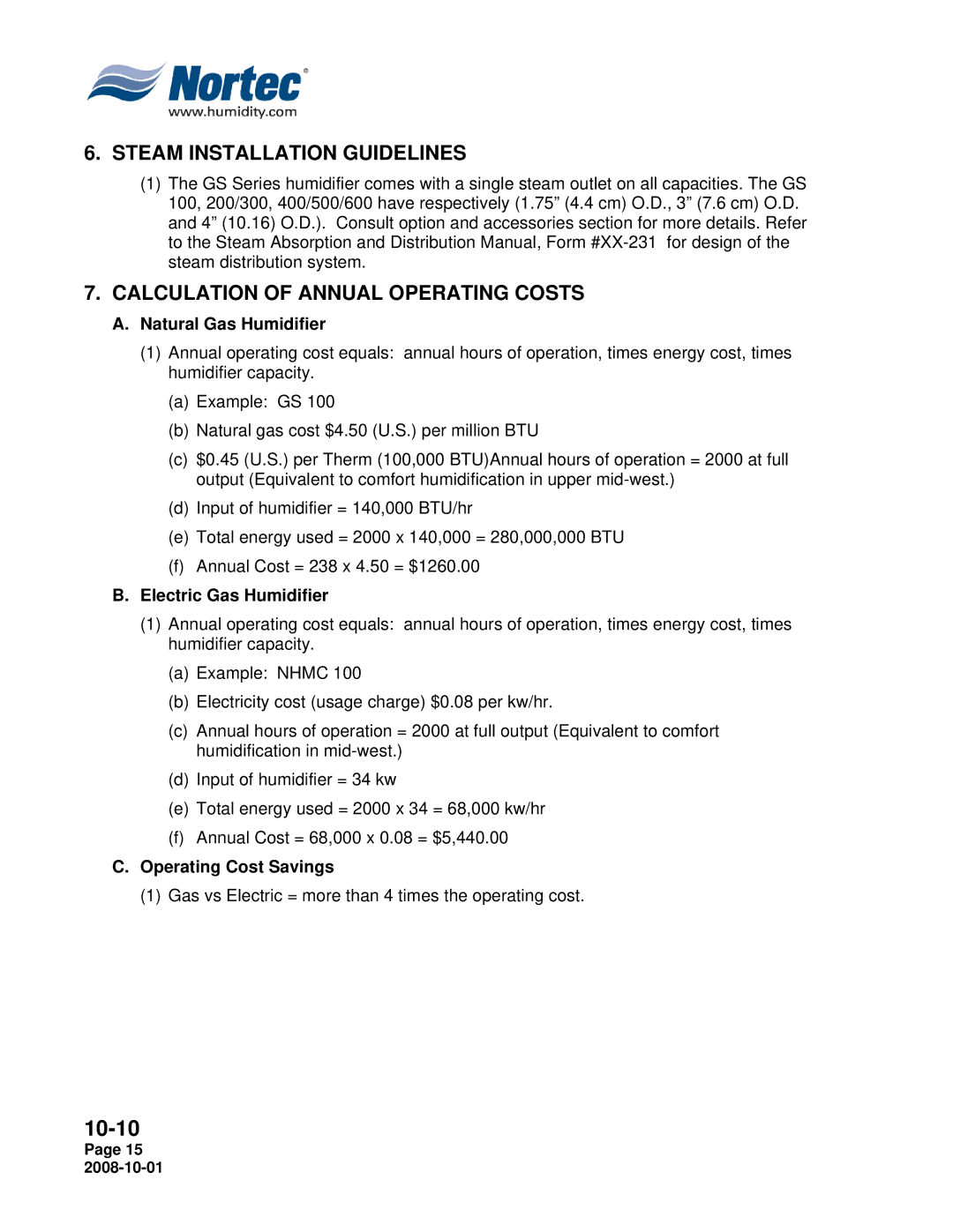 Nortec Industries GSTC Indoor Steam Installation Guidelines, Calculation of Annual Operating Costs, Natural Gas Humidifier 