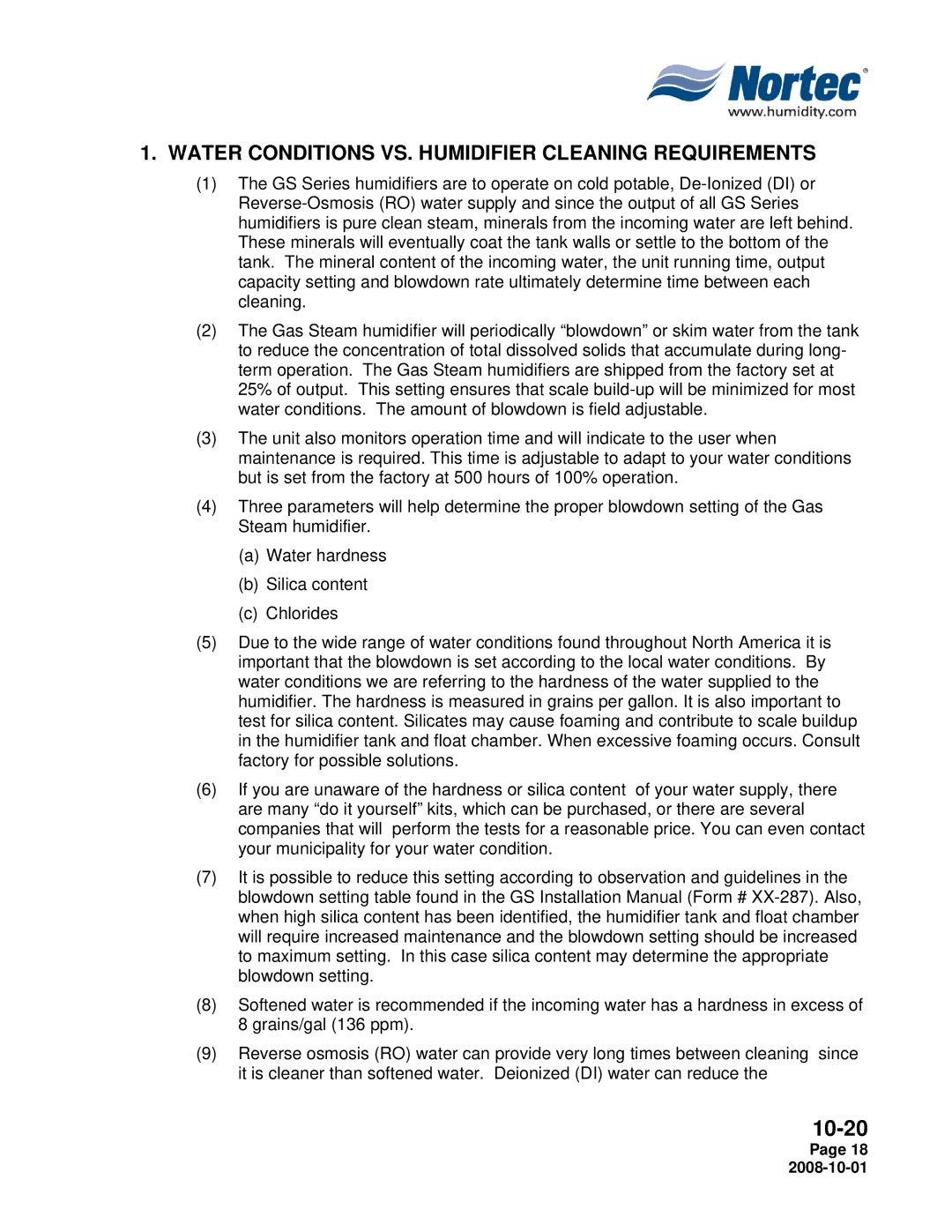 Nortec Industries GSTC Indoor, GSTC Outdoor, GSP Indoor manual Water Conditions VS. Humidifier Cleaning Requirements 