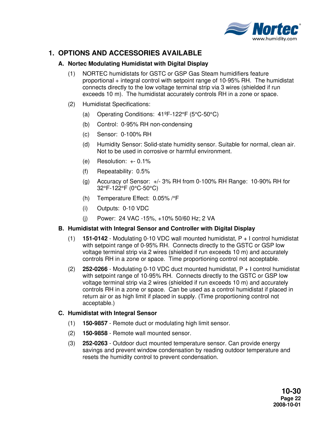 Nortec Industries GSP Indoor manual Options and Accessories Available, Nortec Modulating Humidistat with Digital Display 