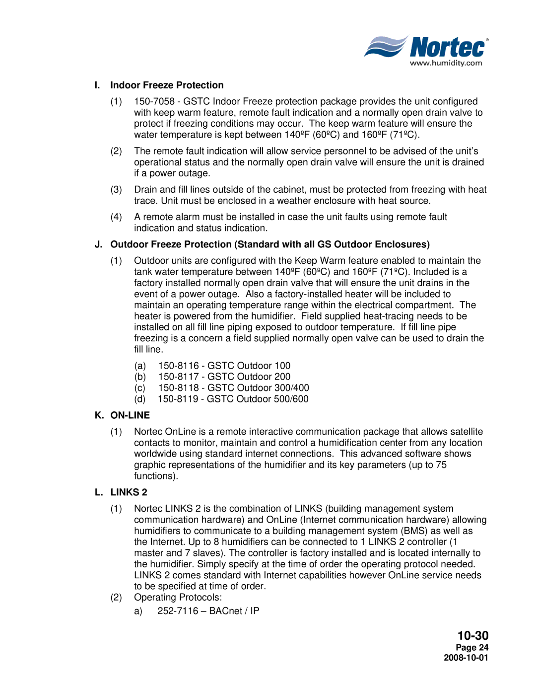 Nortec Industries GSTC Indoor, GSTC Outdoor, GSP Indoor manual Indoor Freeze Protection, On-Line 