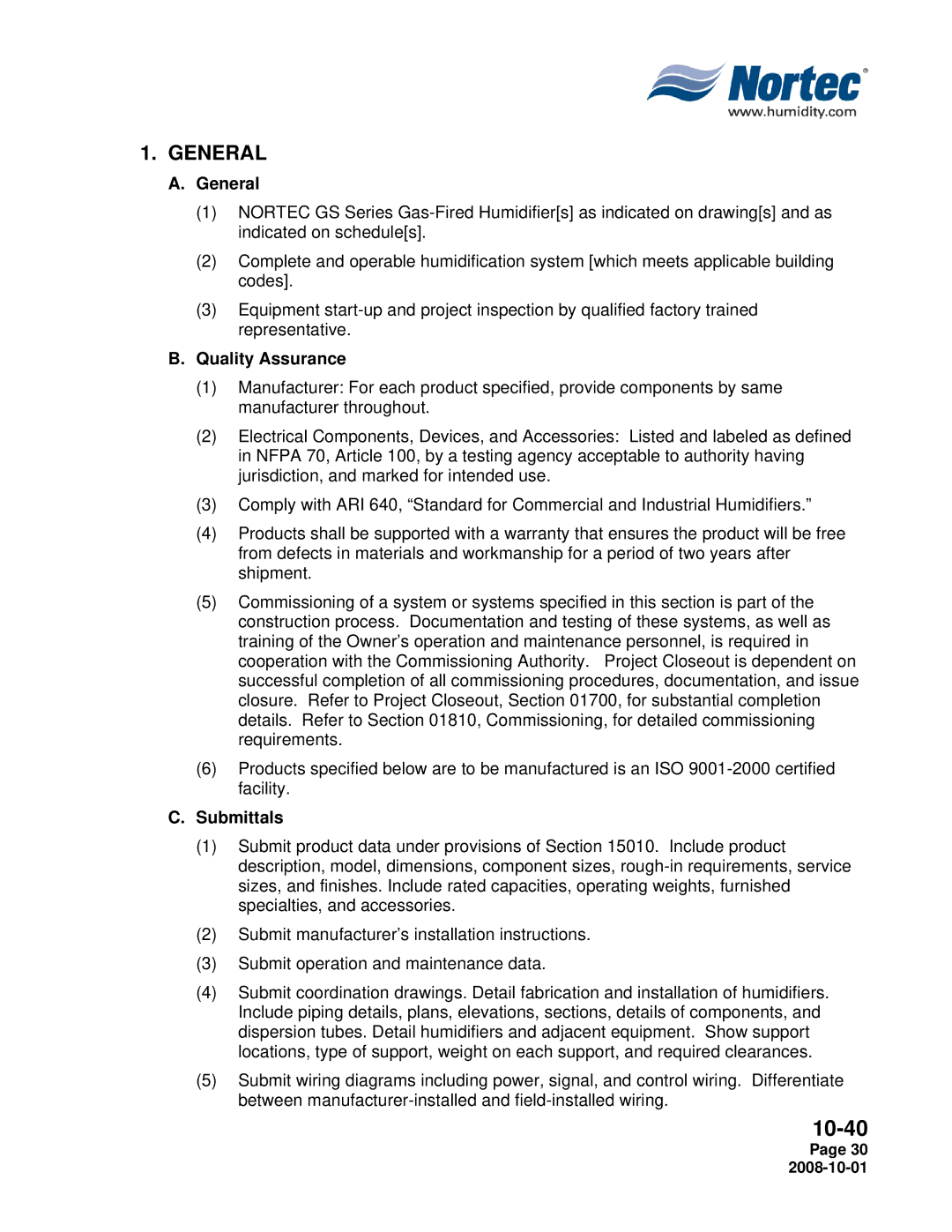 Nortec Industries GSTC Indoor, GSTC Outdoor, GSP Indoor manual General, Quality Assurance, Submittals 