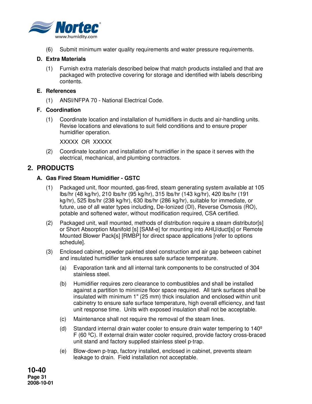 Nortec Industries GSP Indoor manual Products, Extra Materials, References, Coordination, Gas Fired Steam Humidifier Gstc 