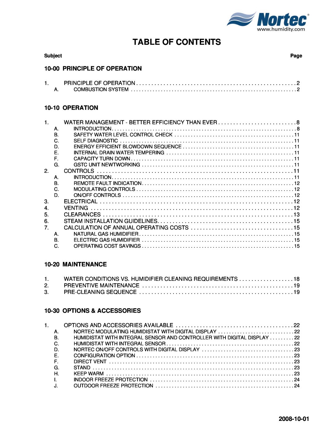 Nortec Industries GSTC Outdoor manual Table Of Contents, 10-00PRINCIPLE OF OPERATION, 10-10OPERATION, 10-20MAINTENANCE 