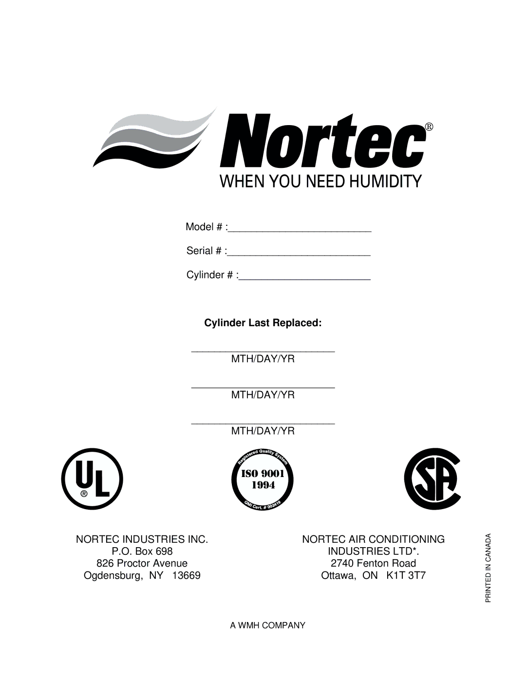 Nortec Industries MES-U manual Cylinder Last Replaced 