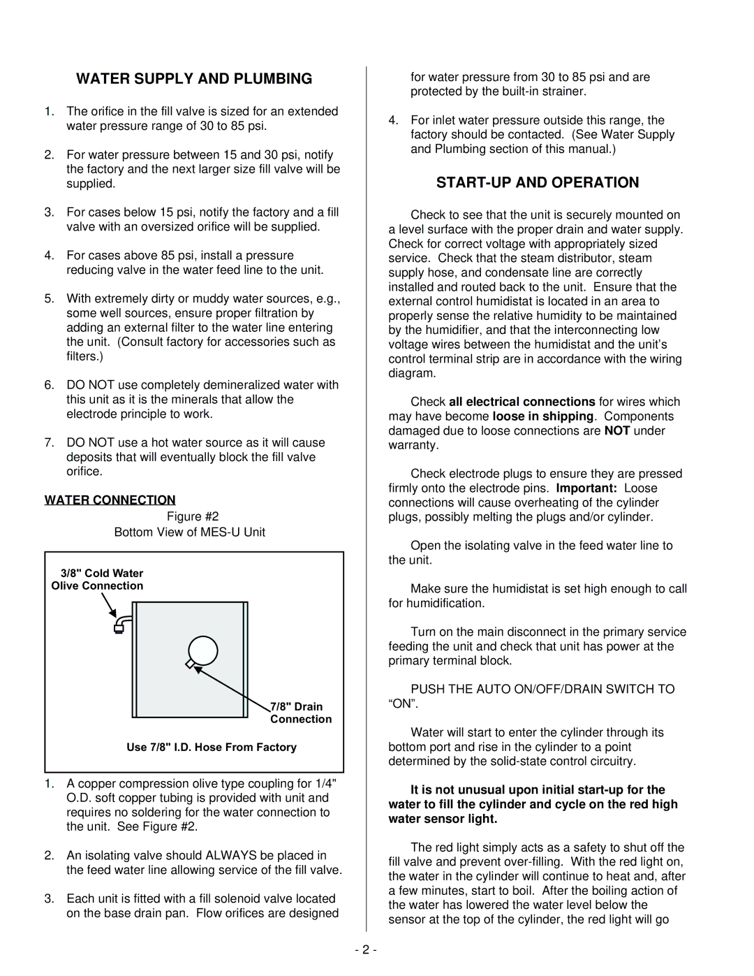 Nortec Industries MES-U manual Water Supply and Plumbing, START-UP and Operation, Water Connection 