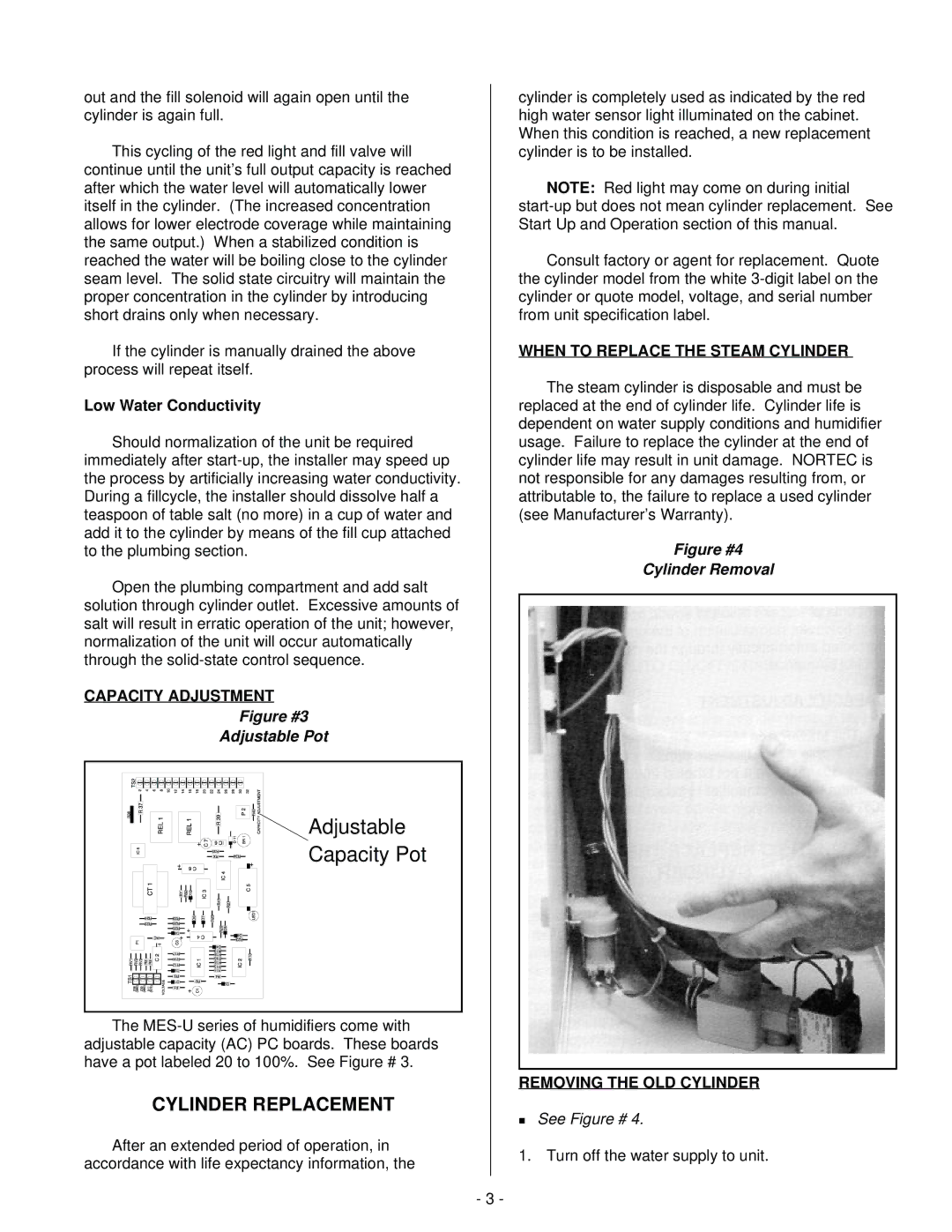 Nortec Industries MES-U manual Cylinder Replacement, Low Water Conductivity, Capacity Adjustment, Removing the OLD Cylinder 