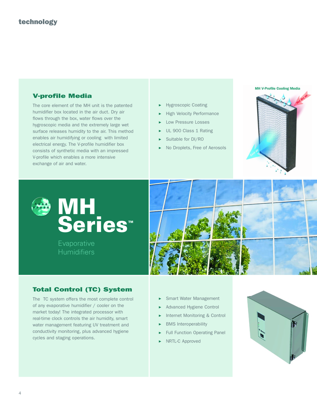 Nortec Industries MH Series manual technology, V-profileMedia, Total Control TC System, Evaporative Humidifiers 