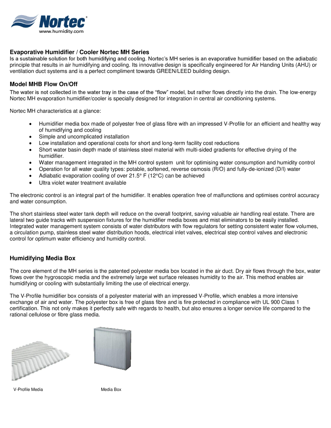 Nortec Industries manual Evaporative Humidifier / Cooler Nortec MH Series, Model MHB Flow On/Off, Humidifying Media Box 