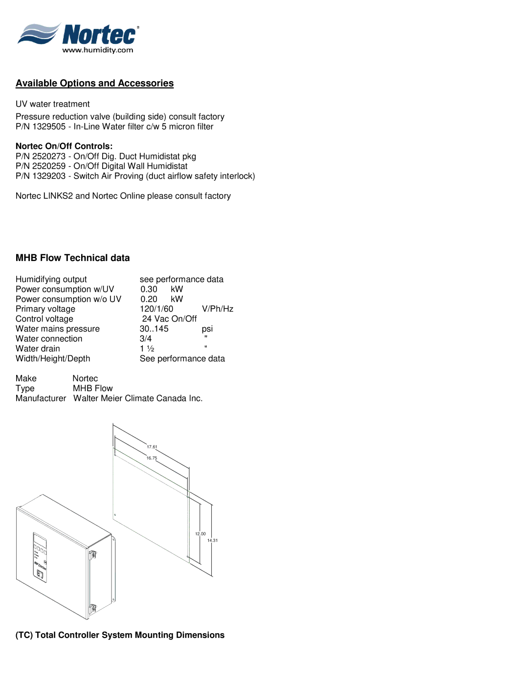 Nortec Industries manual Available Options and Accessories, MHB Flow Technical data, Nortec On/Off Controls 