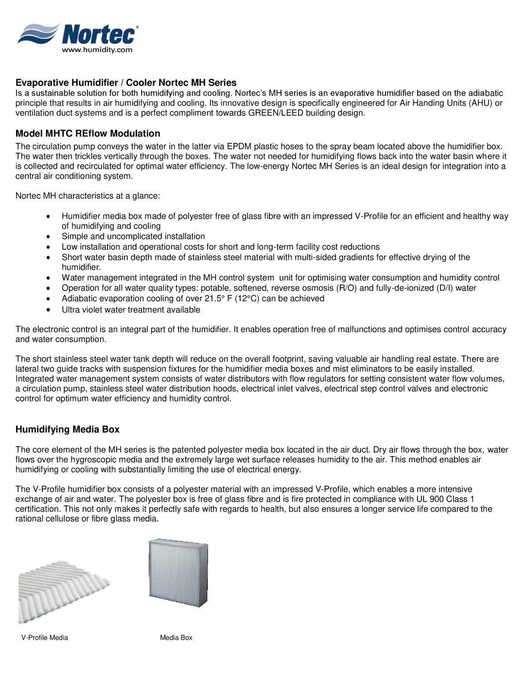 Nortec Industries MHTC manual Evaporative Humidifier / Cooler Nortec MH Series, Model Mhtc REflow Modulation 