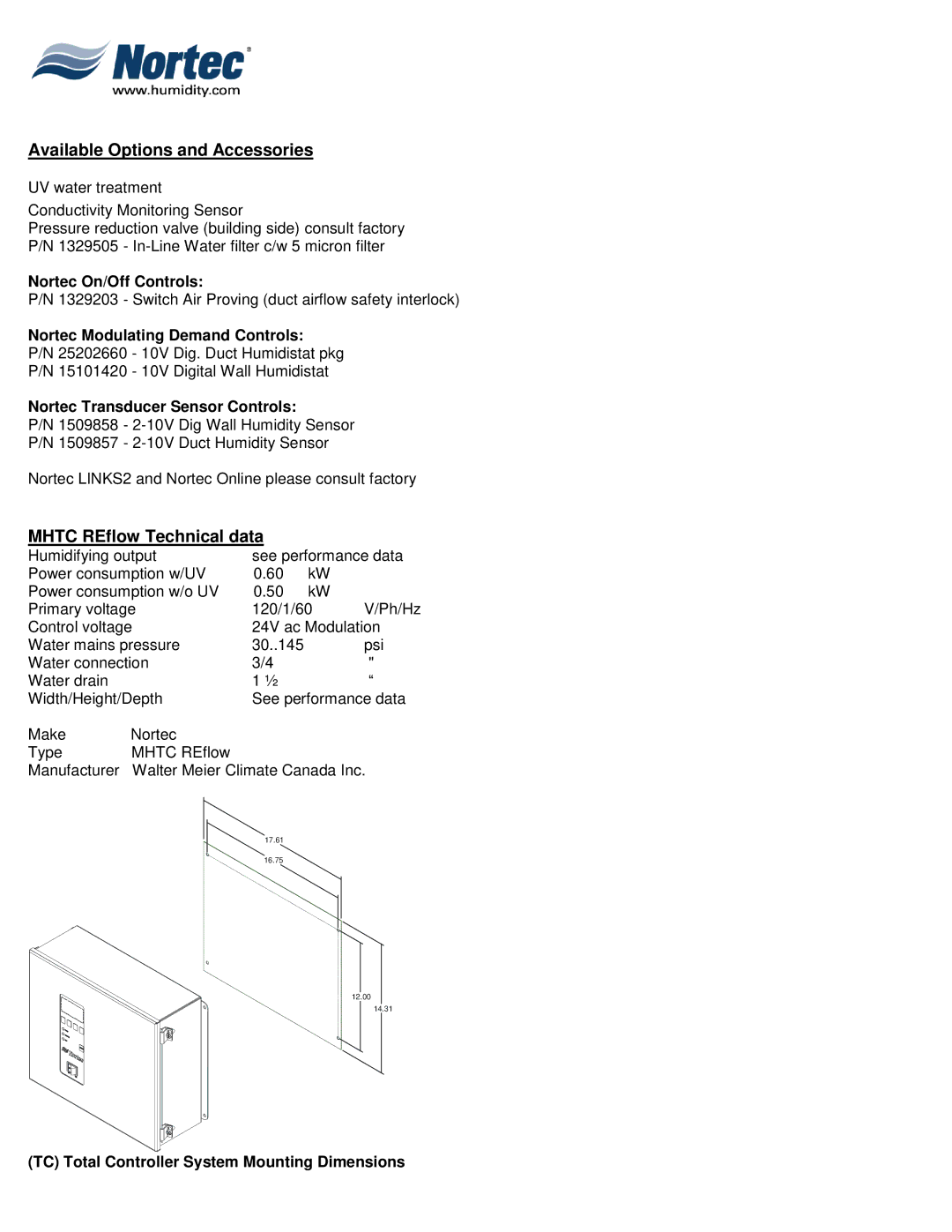 Nortec Industries MHTC manual Available Options and Accessories, Mhtc REflow Technical data 