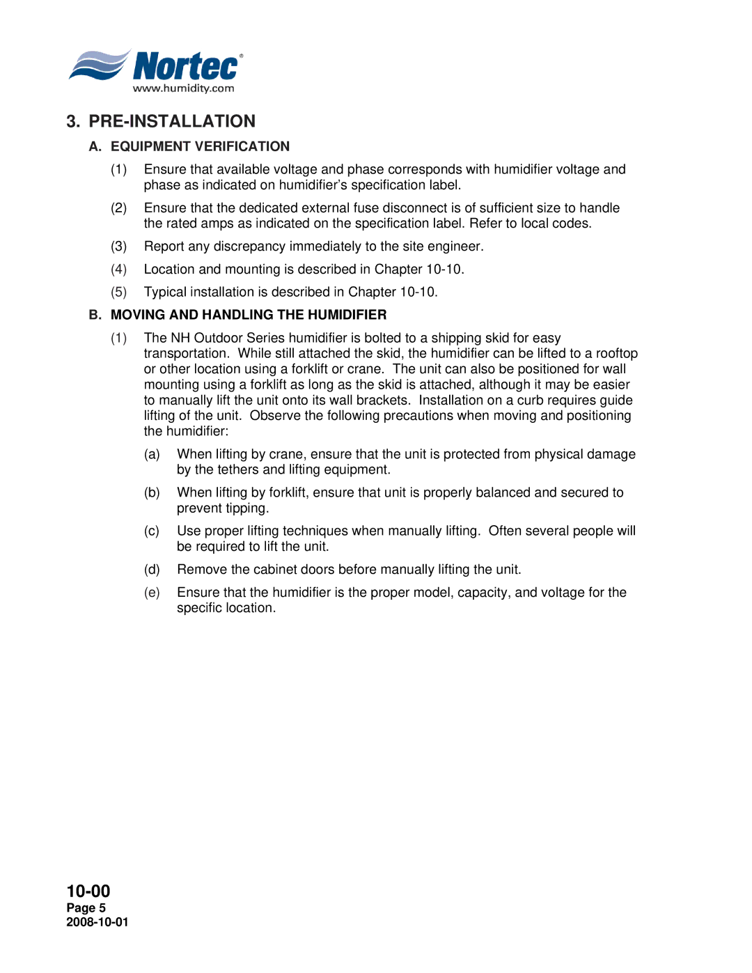 Nortec Industries NH Series installation manual Equipment Verification, Moving and Handling the Humidifier 