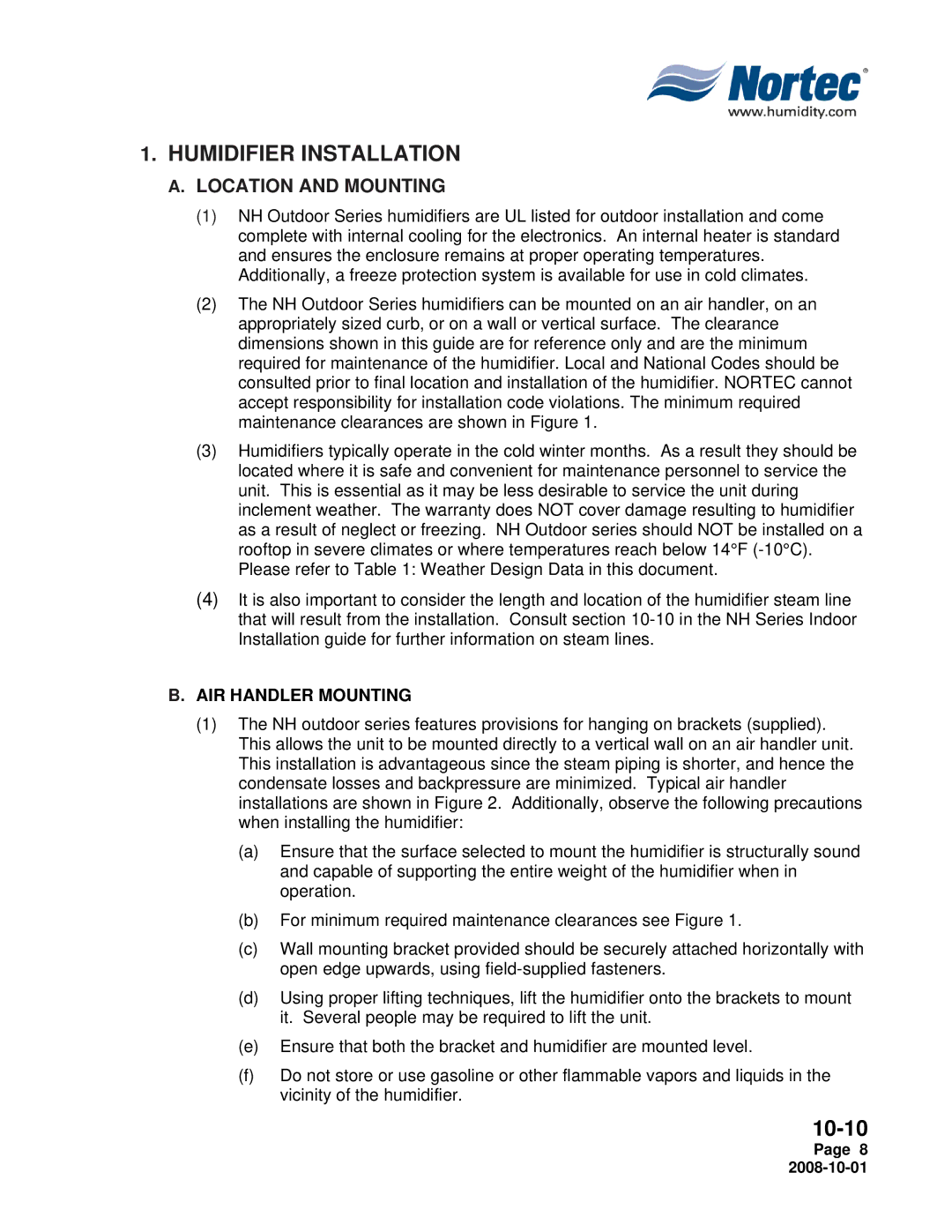 Nortec Industries NH Series installation manual Humidifier Installation, AIR Handler Mounting 